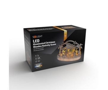 Solight vánoční dřevěný betlém podsvícený, 5x LED, přírodní dřevo, 25cm, 2x AA