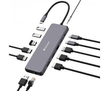 VERBATIM Hub USB-C Pro Multiport 13 Port, 6x USB-A, 2x USB-C, 2x HDMI, DP, RJ45, 3.5mm Jack audio, šedá