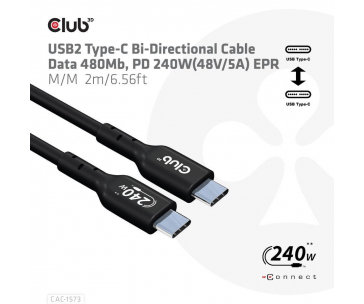 Club3D kabel USB-C, Oboustranný USB-IF Certifikovaný data kabel, Data 480Mb,PD 240W(48V/5A) EPR M/M 2m