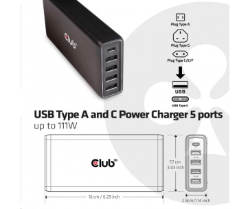 Club3D Nabíječka USB Typ A a C, 5 portů, 111 W