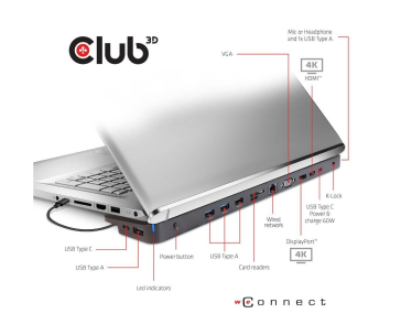 Club3D dokovací stanice USB-C 3.2 s napájecím adaptérem Triple Display Dynamic PD, 100 W