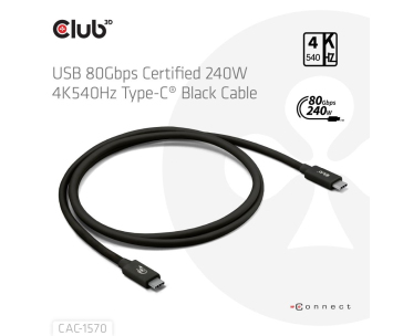 Club3D Kabel USB4 v2 Typ-C, 80Gbps, Certifikovaný kabel, 4K540Hz, 8K240Hz, 16K60Hz, PD 240W, 1,2m