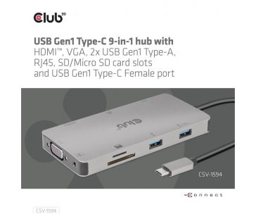 Club3D hub USB-C, 9-in-1 hub s HDMI, VGA, 2x USB Gen1 Type-A, RJ45, 100W PD