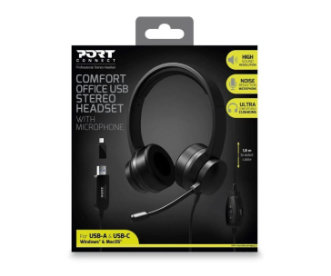 PORT stereo headset s mikrofonem, USB-A/USB-C, černá