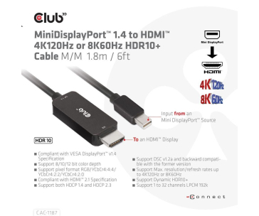 Club3D kabel miniDP 1.4 na HDMI, 4K120Hz nebo 8K60Hz HDR10+, M/M, 1.8m