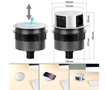 Solight 3z + USB A+C + Wireless 10W výsuvný blok zásuvek, kruhový tvar, prodlužovací přívod 2m, 3 x 1,5mm2