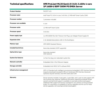 HPE PL ML30g11 E-2434 (3.4G/4C/8T) 16G (P64336) 8SFF 800W VROC (SATA/SWraid) NBD311