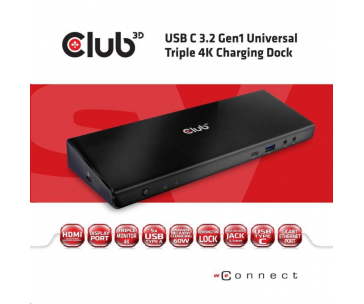 Club3D Dokovací stanice USB 3.2 typ C (5xUSB/USB-C/3xHDMI/2xDP/Ethernet/Audio) s Universal Triple 4K napájecím adaptérem