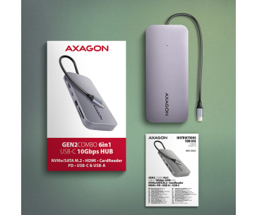 AXAGON HMC-6GM2, USB 10Gbps hub, USB-A, USB-C, HDMI, M.2 slot, SD/MicroSD, PD 100W, kabel USB-C 20cm