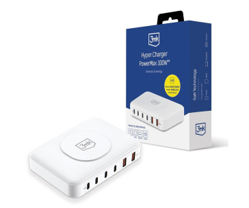 3mk síťová nabíječka - Hyper Charger PowerMax 100W, GaN 4x USB-C (PD) / 2x USB, bílá