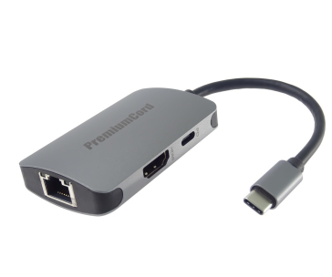 PREMIUMCORD Adaptér USB-C na HDMI + RJ45 + PD adaptér, hliníkové pouzdro