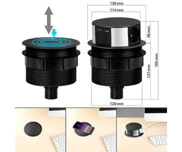 Solight 3z + USB A+C 20W PD, Wireless 10W, výsuvný blok zásuvek, 2m, černý