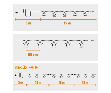 Solight LED venkovní řetěz s žárovkami, 25 žárovek, 15m+5m, 20W, teplá bílá