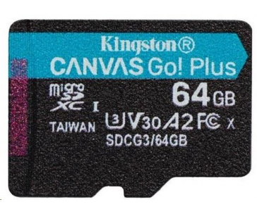 Kingston MicroSDXC karta 64GB Canvas Go! Plus, R:170/W:70MB/s, Class 10, UHS-I, U3, V30, A2 + Adaptér