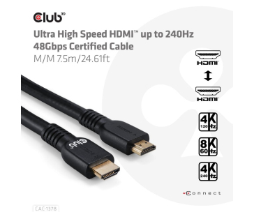 Club3D Kabel HDMI, Ultra Rychlý HDMI™ Certifikovaný Cable, 4K120Hz/ 8K60Hz, 7.5m