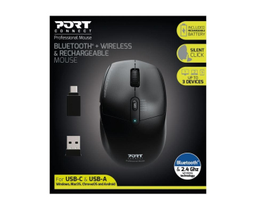 PORT dobíjecí myš s duálním bezdrátovým připojením, BT, 2,4 GHz, USB-A/C, černá