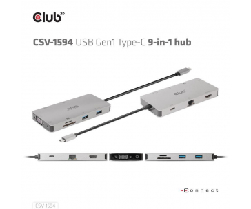 Club3D hub USB-C, 9-in-1 hub s HDMI, VGA, 2x USB Gen1 Type-A, RJ45, 100W PD