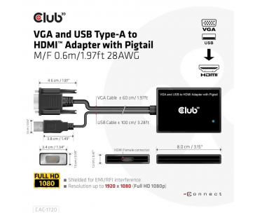 Club3D kabel VGA a USB-A na HDMI s ocáskem, M/F, 0.6m