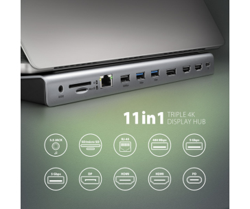 AXAGON HMC-4KX3 USB 5Gbps hub, 3x USB-A, 2x HDMI, DP, RJ-45 GLAN, SD/microSD, audio, PD 100W, kabel USB-C 40cm