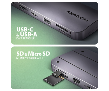 AXAGON HMC-6GM2, USB 10Gbps hub, USB-A, USB-C, HDMI, M.2 slot, SD/MicroSD, PD 100W, kabel USB-C 20cm