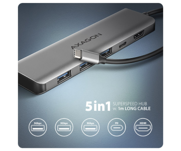 AXAGON HMC-5H, USB 5Gbps hub, 3x USB-A, HDMI 4k/30Hz, PD 100W, kabel USB-C 100cm