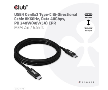 Club3D Kabel USB4 Gen3x2 Type-C Oboustranný kabel 8K60Hz, Data 40 Gbps, PD 240W(48V/5A) EPR M/M 2m