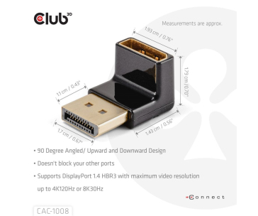 Club3D Adaptér DisplayPort na DisplayPort 1.4, 4K120Hz, 8K30Hz, 90°