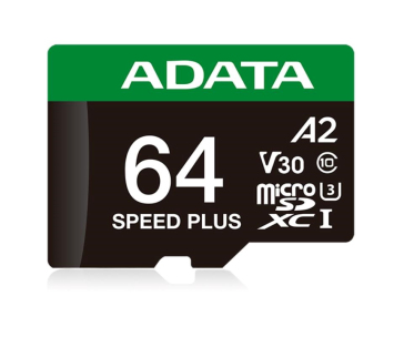 ADATA MicroSDXC karta 64GB Speed Plus, U3, C10, A2, V30 (R:160/W:140 MB/s) + SD adaptér