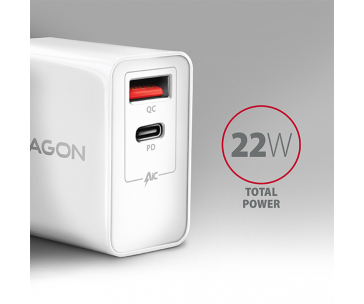 AXAGON ACU-PQ22W, PD & QC nabíječka do sítě 22W, 2x port (USB-A + USB-C), PD3.0/QC3.0/AFC/FCP/Apple, bílá