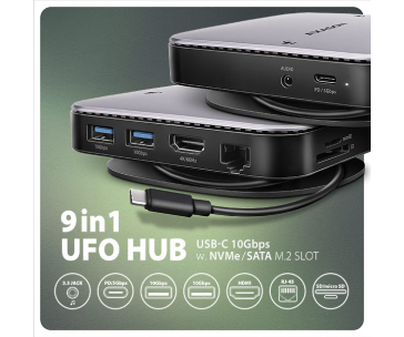 AXAGON HMC-UFO, USB 10Gbps hub, 2x USB-A, USB-C, HDMI 4k/60, RJ-45, M.2 slot, SD/mSD, audio, PD 100W, kabel USB-C 65cm