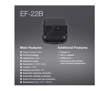 EPSON projektor EF-22B, Full HD, laser, 5.000.000:1, USB 2.0, HDMI, Miracast, 3,5mm Jack, Bluetooth, 5W repro