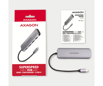 AXAGON HMC-HCR3A, USB 3.2 Gen 1 hub, porty 3x USB-A, HDMI 4k/30Hz, SD/microSD, kabel USB-C 20cm