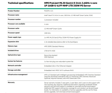 HPE PL ML30g11 E-2414 (2.6G/4C8T) 16G (P64336) 1TB SATA 4LFF NHP VROC 350Wn