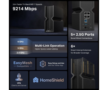 TP-Link Archer BE550 OneMesh/EasyMesh WiFi7 router(BE9300,2,4GHz/5GHz/6GHz,1x2,5GbEWAN,4x2,5GbELAN,1xUSB3.0)