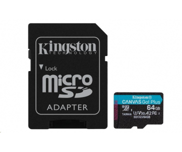 Kingston MicroSDXC karta 64GB Canvas Go! Plus, R:170/W:70MB/s, Class 10, UHS-I, U3, V30, A2 + Adaptér