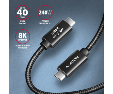 AXAGON BUCM4X-CM10AB NewGEN+ kabel USB-C <-> USB-C, 1m, USB4 Gen 3×2, PD 240W 5A, 8K HD, ALU, oplet, černý