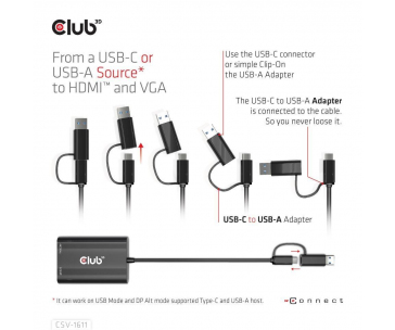 Club3D adaptér USB Gen1 Type-C/-A to Dual HDMI (4K/30Hz) / VGA (1080/60Hz)