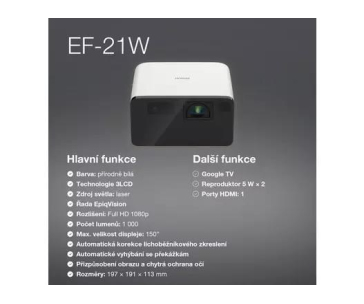 EPSON projektor EF-21W, Full HD, laser, 5.000.000:1, USB 2.0, HDMI, Miracast, 3,5mm Jack, 5W repro