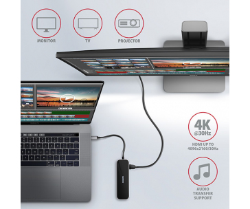 AXAGON HMC-6GL, USB 3.2 Gen 1 hub, porty 3x USB-A, HDMI 4k/30Hz, RJ-45 GLAN, PD 100W, kabel USB-C 20cm