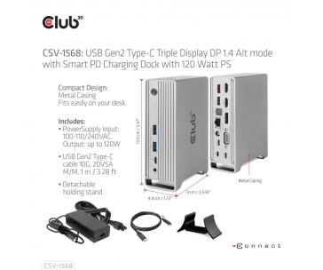 Club3D Dokovací stanice USB-C, Triple Display DP 1.4 Alt mode Displaylink Dynamic PD Charging Dock with 120 Watt PS