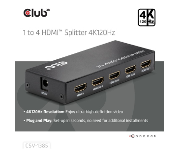 Club3D Video rozbočovač 1:4 HDMI 2.0 4K120Hz, 4 porty, černá