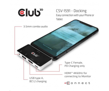 Club3D Dokovací stanice USB Type C 4-in-1 Hub to HDMI™ 4K60Hz USB Type C PD / USB Type A / Audio jack