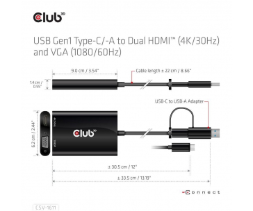 Club3D adaptér USB Gen1 Type-C/-A to Dual HDMI (4K/30Hz) / VGA (1080/60Hz)