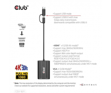 Club3D adaptér USB Gen1 Type-C/-A to Dual HDMI (4K/30Hz) / VGA (1080/60Hz)