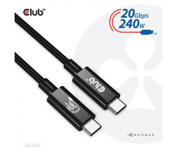 Club3D kabel USB4 Gen2x2 Typ-C, Oboustranný USB-IF Certifikovaný data kabel, Data 20Gbps, PD 240W(48V/5A) EPR M/M 2m