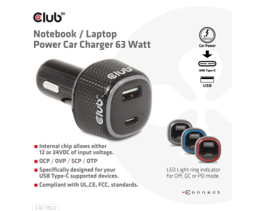 Club3D Auto nabíječka pro Notebooky 63W, 2 porty (USB-A + USB-C)