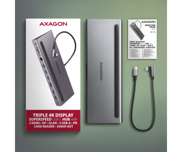 AXAGON HMC-4KX3 USB 5Gbps hub, 3x USB-A, 2x HDMI, DP, RJ-45 GLAN, SD/microSD, audio, PD 100W, kabel USB-C 40cm