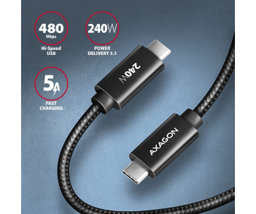 AXAGON BUCM2-CM25AB, CHARGE kabel USB-C <-> USB-C, 2.5m, Hi-Speed USB, PD 240W 5A, ALU, oplet, černý