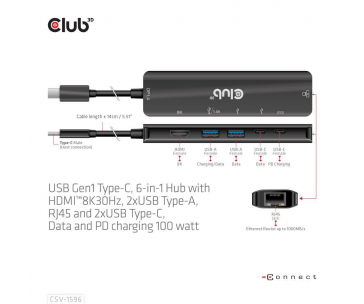 Club3D hub USB-C, 6-in-1 Hub s HDMI 8K30Hz, 2xUSB Type-A, RJ45 a 2xUSB Type-C, Data a PD nabíjení 100W