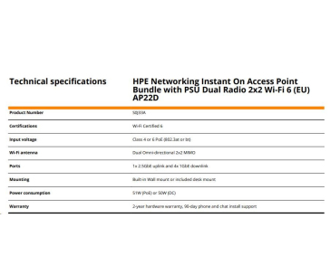 HPE Networking Instant On Access Point AP22D Bundle with PSU Dual Radio 2x2 Wi-Fi 6 (EU) AP22D